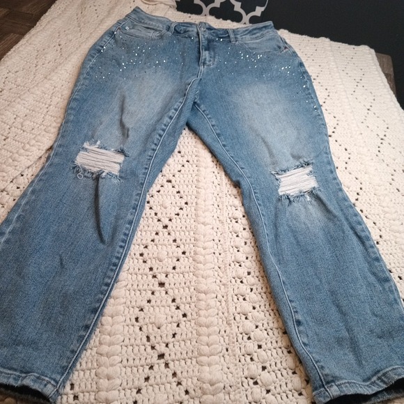 Judy Blue‎ Womens Plus 14W Jeans Slim Fit Distressed Ripped JB88566 Rhinestones - Picture 1 of 15